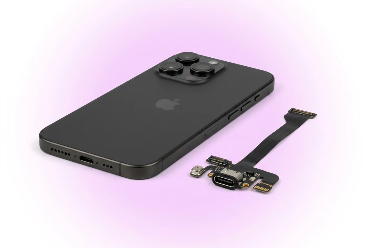 Ремонт микрофона iPhone 16 Pro Max: нижний торец с отверстием микрофона возле USB-C и новый шлейф рядом