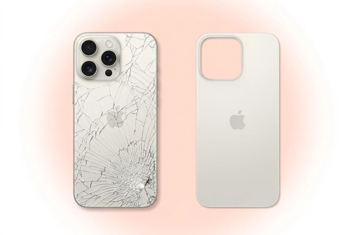 Замена заднего стекла iPhone 16 Pro Max: панель с паутинкой трещин и новая задняя панель рядом