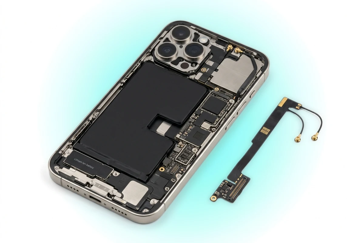 Ремонт Wi-Fi iPhone 16 Pro Max: телефон со снятым задним стеклом и новая антенна Wi-Fi/Bluetooth рядом
