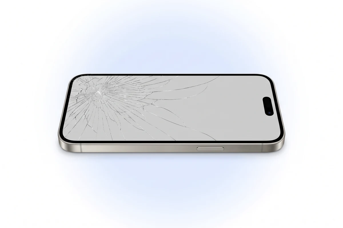 Треснувшее стекло iPhone 16 Pro Max, под которым OLED-матрица светится ровно, без пятен и полос