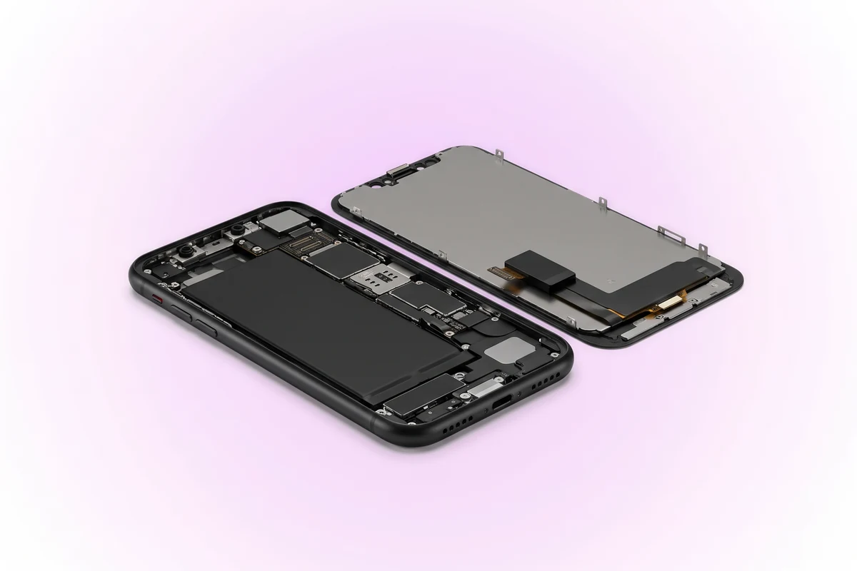 Вскрытый черный iPhone XR: дисплей откинут в сторону, у его верхнего края блок динамика с датчиками