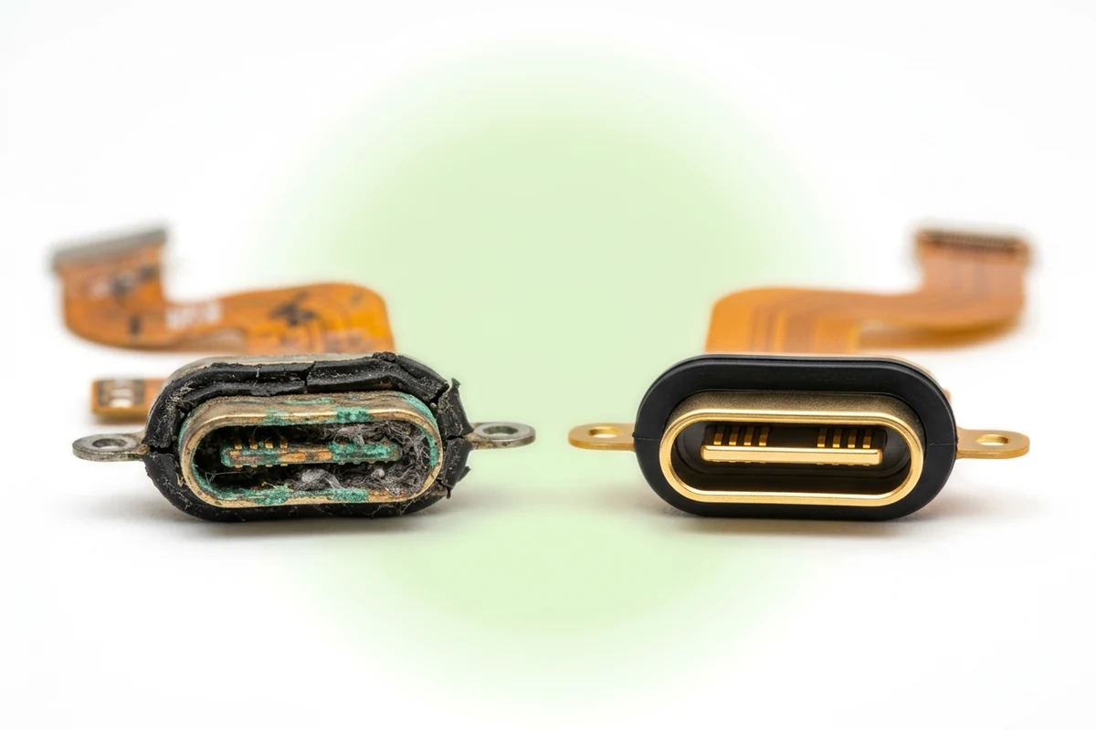 Старый шлейф разъема USB-C iPhone 16 Pro Max со следами окисления рядом с новым