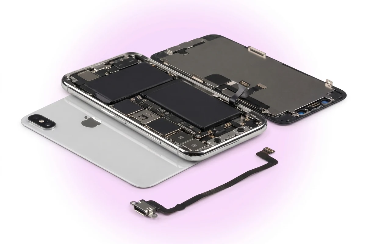 Вскрытый iPhone X и снятый шлейф с гнездом Lightning и нижним микрофоном