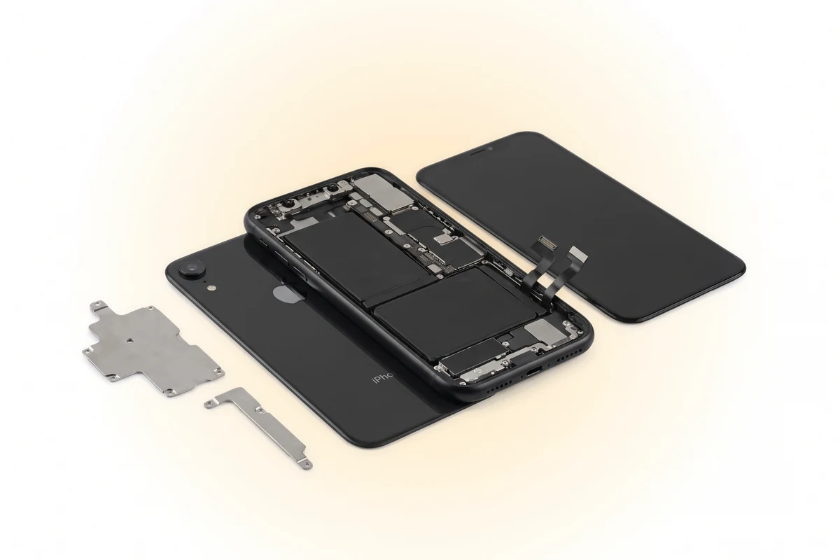 Вскрытый черный iPhone XR и снятый кронштейн разъемов платы из двух частей рядом