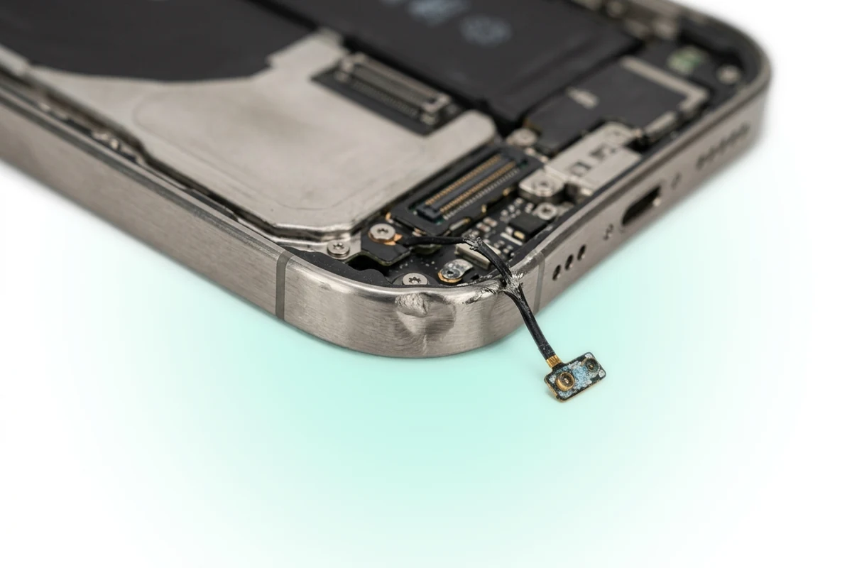 Вмятина на титановой раме iPhone 16 Pro Max и надорванный коаксиальный кабель антенны