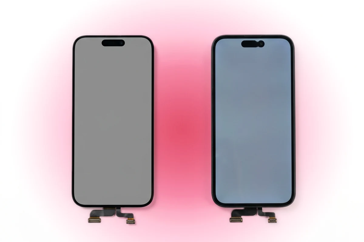 Оригинальный дисплейный модуль iPhone 16 Pro Max и копия с более толстой рамкой рядом