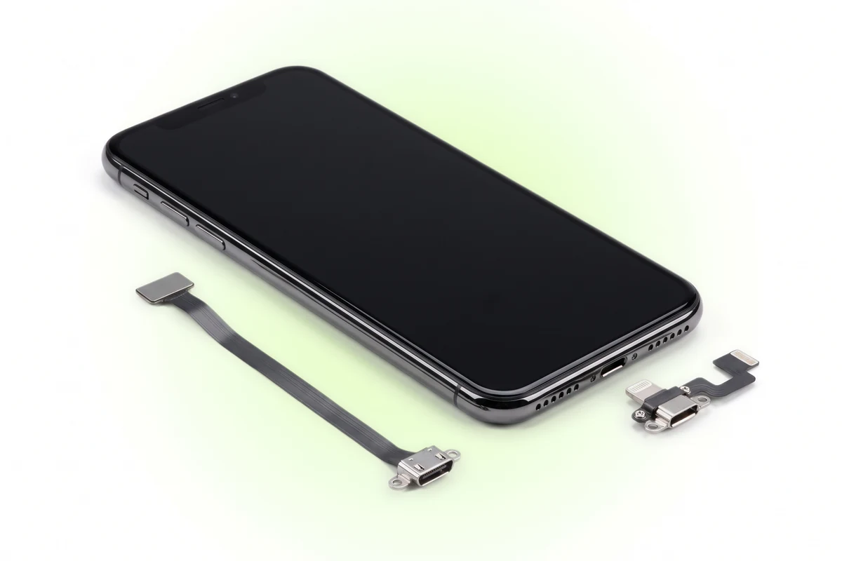 Ремонт разъема зарядки iPhone X: нижний торец с гнездом Lightning и новый шлейф рядом