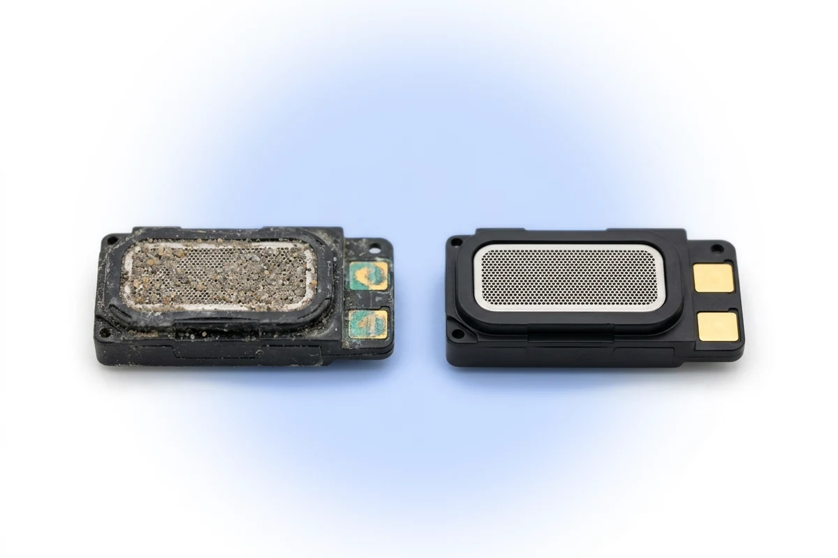 Снятый нижний динамик iPhone 16 Pro Max с песком в сетке рядом с новым