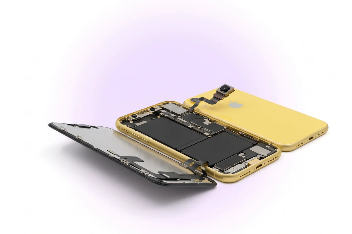 Замена основной камеры iPhone XR: вскрытый желтый телефон с поднятым модулем камеры у верхнего края