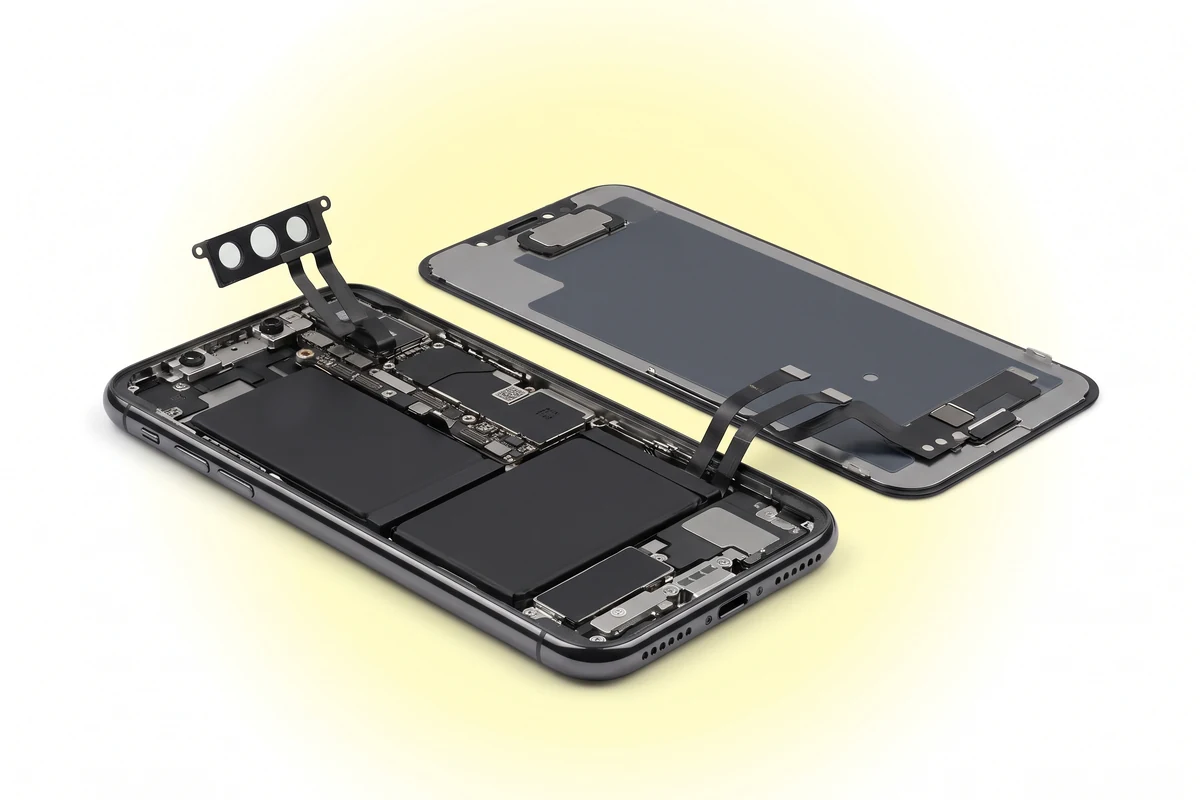 Вскрытый iPhone X: блок камер вверху рамы и модуль прожектора на обратной стороне откинутого дисплея