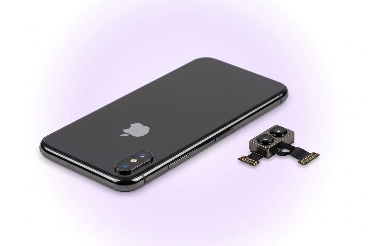 Замена основной камеры iPhone X: телефон тыльной стороной вверх и новый модуль двойной камеры рядом
