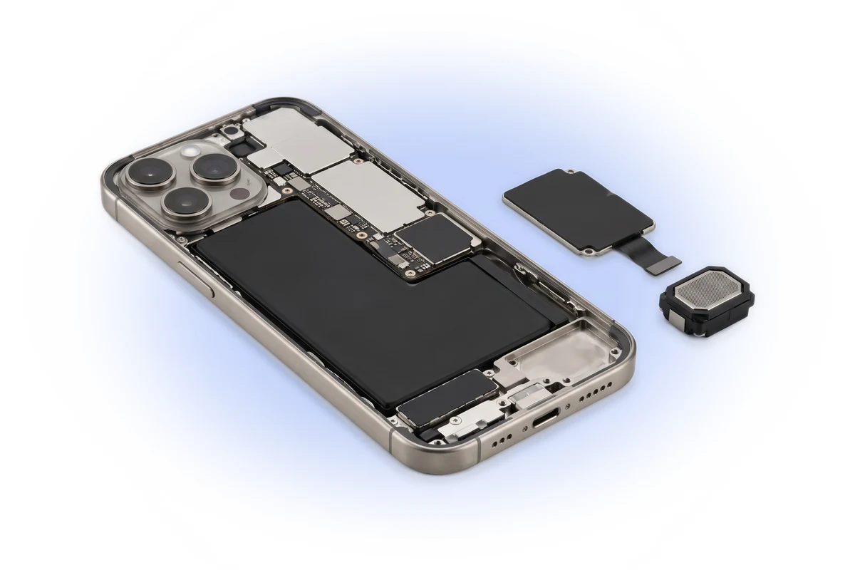 Замена нижнего динамика iPhone 16 Pro Max: вскрытый телефон и новый полифонический динамик рядом