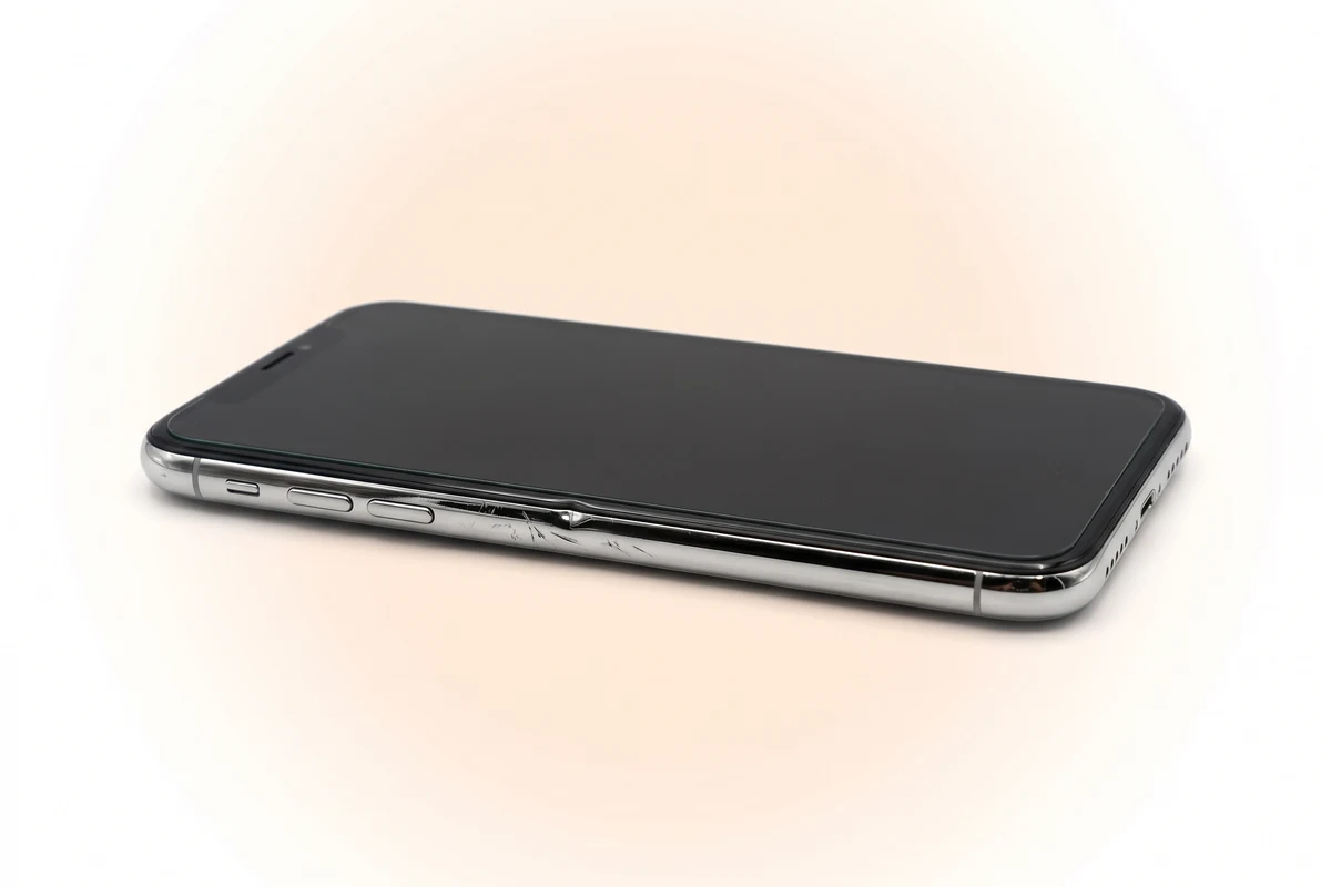 Глибокі подряпини і вм'ятина на полірованій сталевій рамі iPhone X біля кнопок гучності