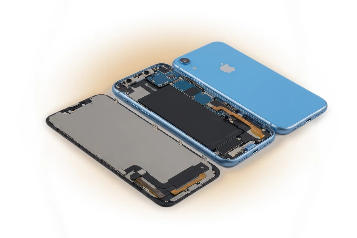 Вскрытый синий iPhone XR с дисплеем, откинутым в сторону, аккумулятором и платой внутри