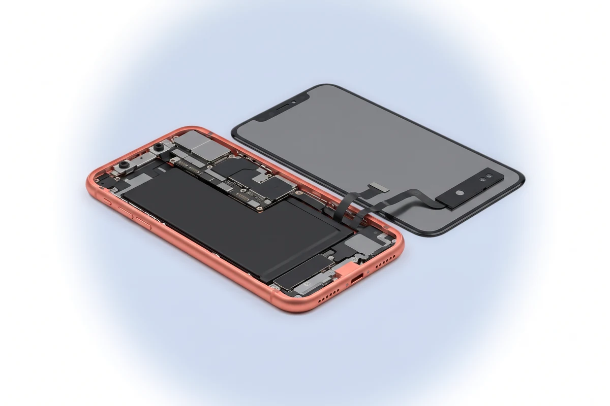 Восстановление датчика приближения iPhone XR: вскрытый телефон и блок датчиков на обратной стороне откинутого дисплея