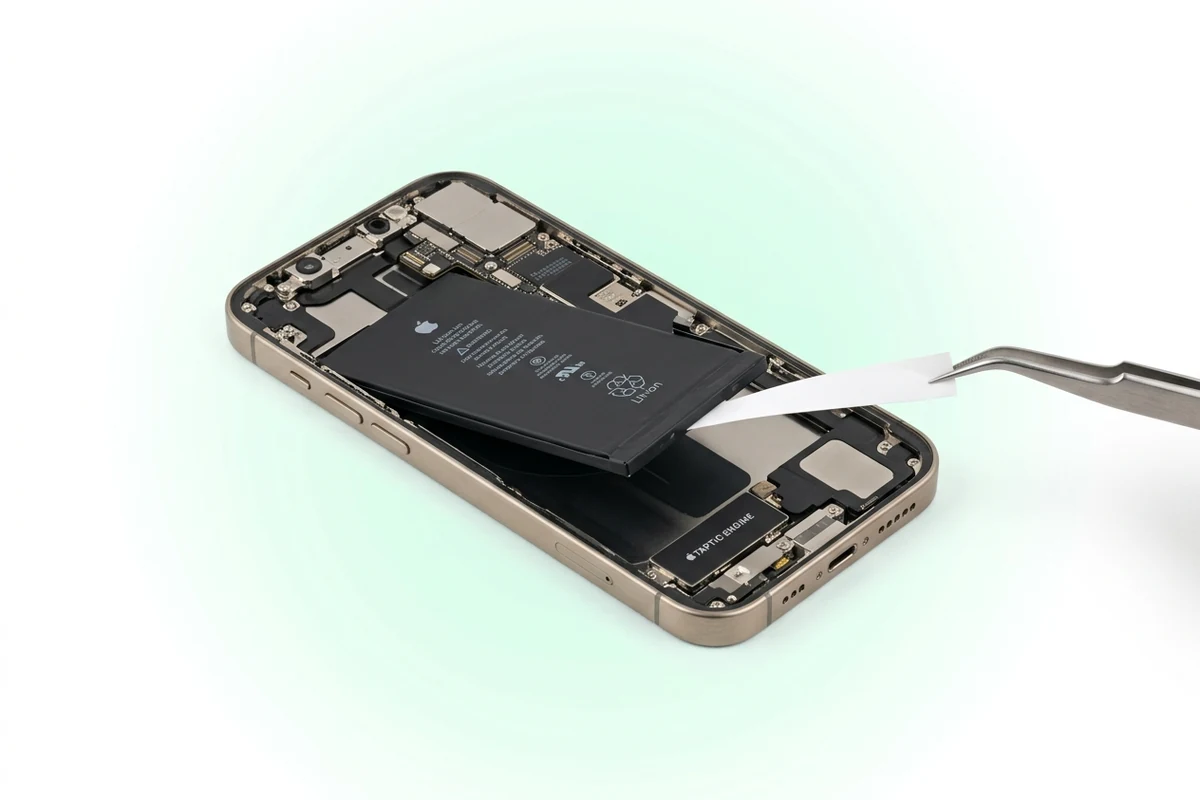 Клейова стрічка витягується з-під акумулятора iPhone 16 Pro Max пінцетом