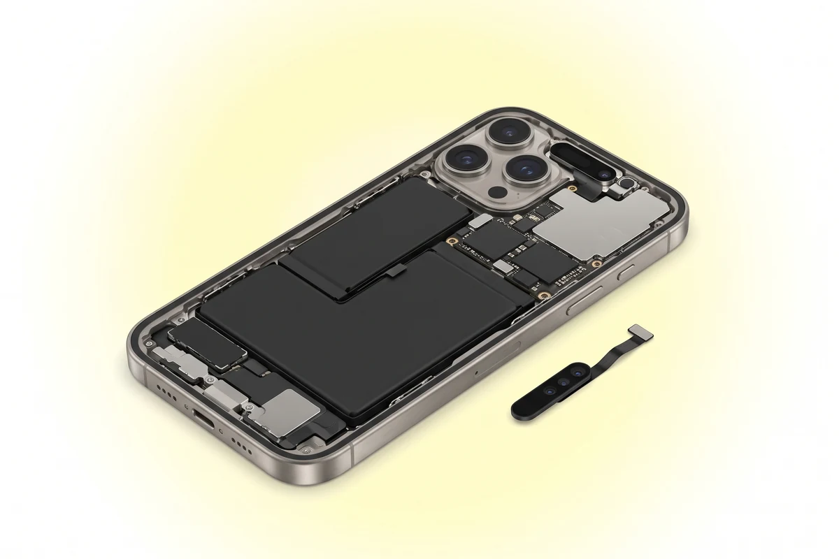 Відновлення роботи Face ID iPhone 16 Pro Max: відкритий телефон і модуль TrueDepth зі шлейфом поруч