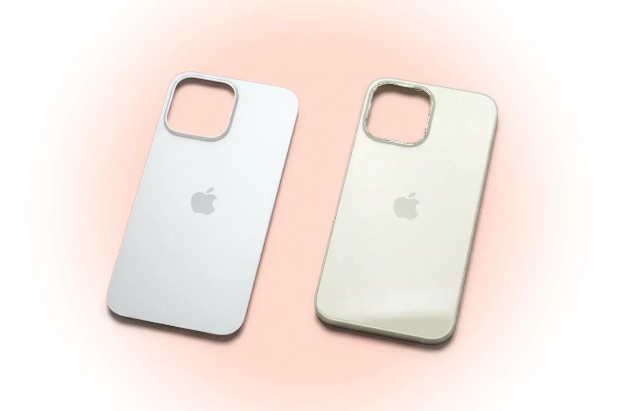 Оригинальная задняя панель iPhone 16 Pro Max рядом с копией другого оттенка и с глянцем
