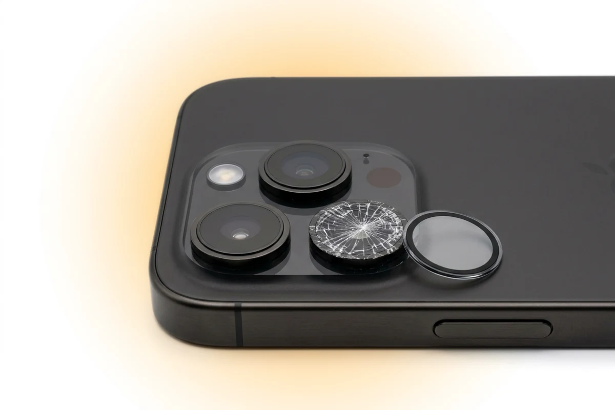 Замена стекла камеры iPhone 16 Pro Max: треснувшее стеклышко над объективом и новое сапфировое стекло рядом