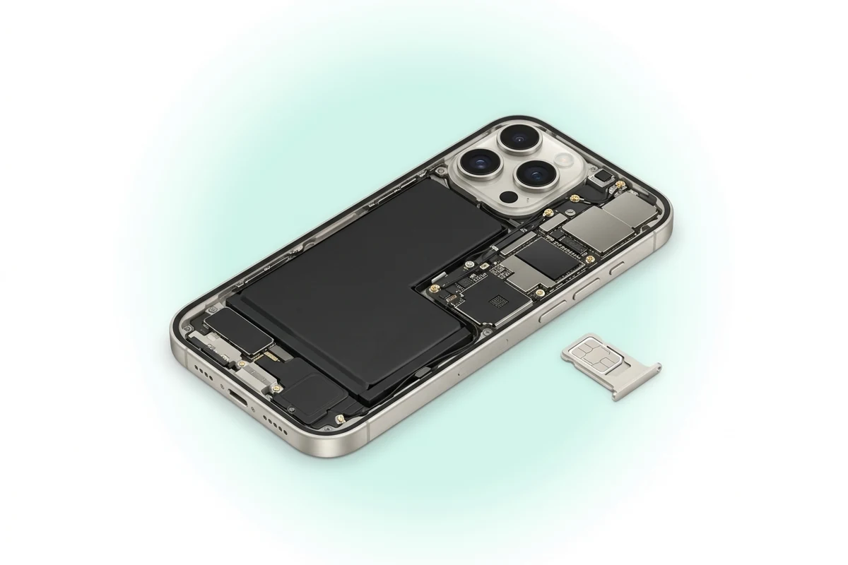 Ремонт сети iPhone 16 Pro Max: вскрытый телефон с платой и антенными кабелями и лоток SIM рядом