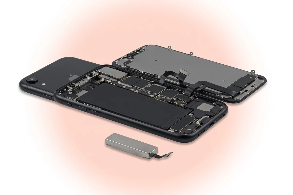 Ремонт вибромотора iPhone XR: вскрытый черный телефон и снятый Taptic Engine рядом