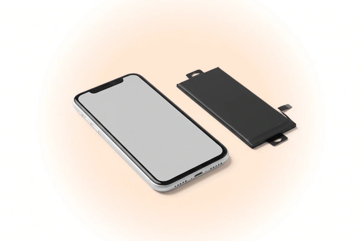 Замена аккумулятора с гарантией 1 год iPhone XR: белый телефон и новая прямоугольная батарея рядом