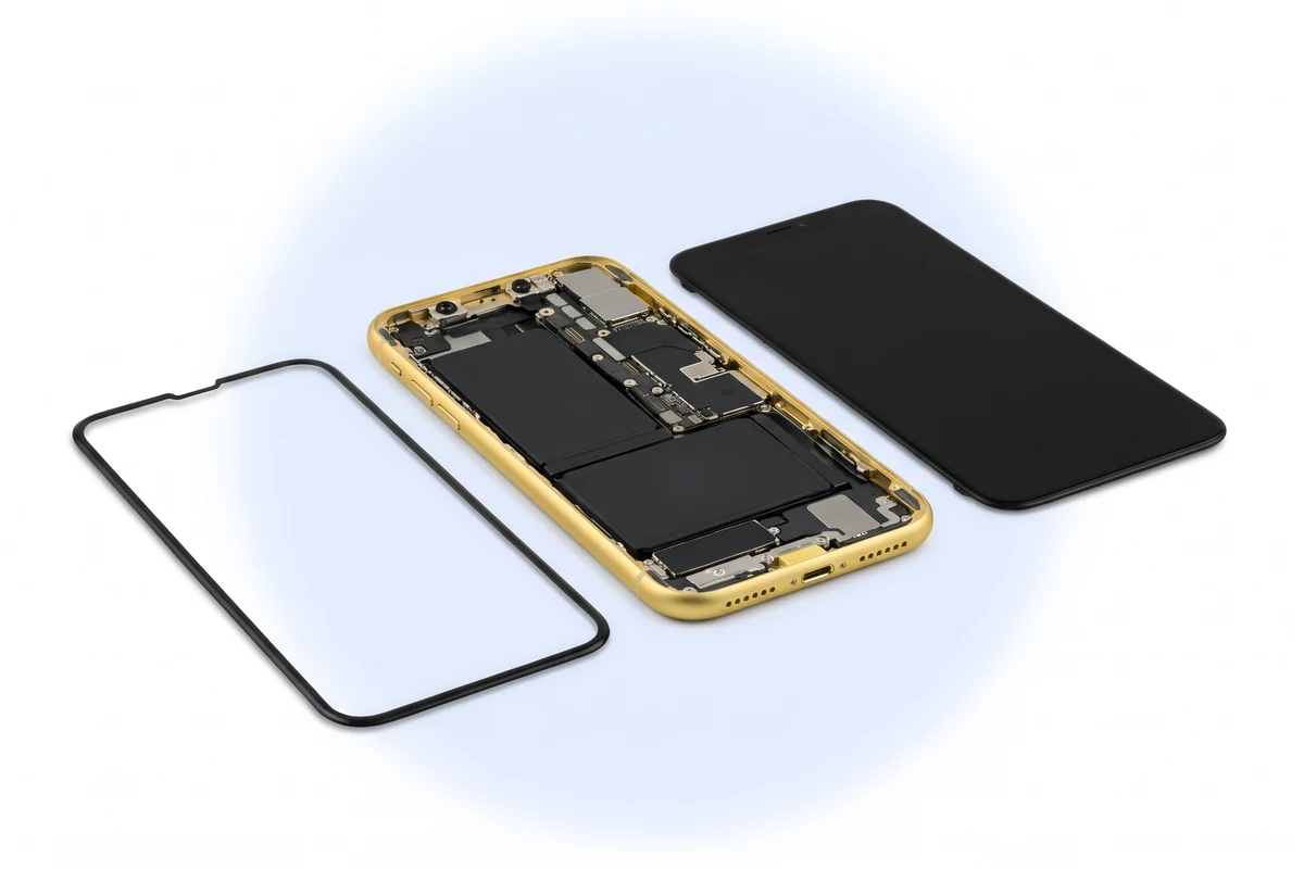 Вскрытый желтый iPhone XR, снятый дисплей и новая проклейка-рамка рядом