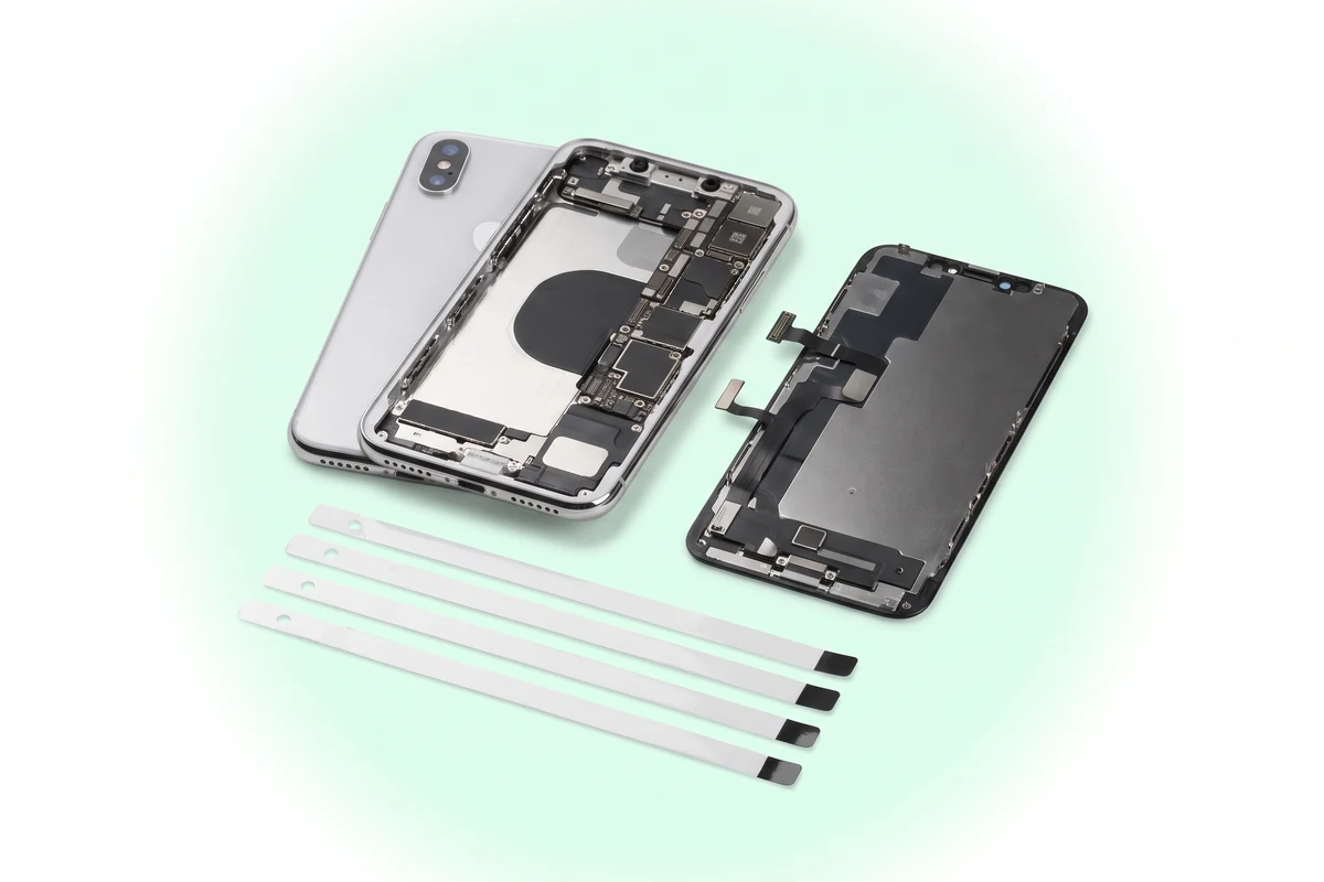 Вскрытый iPhone X без батареи и четыре вытянутые клейкие ленты рядом