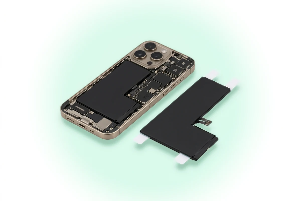 Заміна акумулятора iPhone 16 Pro Max: телефон зі знятим заднім склом і новий L-подібний акумулятор поруч