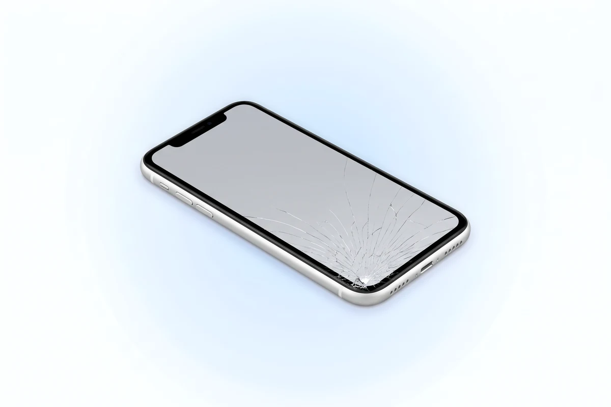 Скол на куті скла білого iPhone XR, від якого розходяться тріщини, а підсвітка під ними рівна