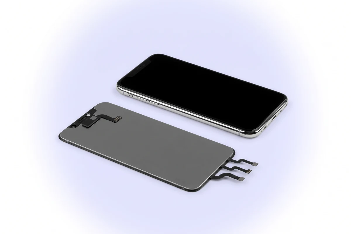 Обратная сторона нового дисплея iPhone X с перенесенным блоком динамика и датчиков у верхнего края