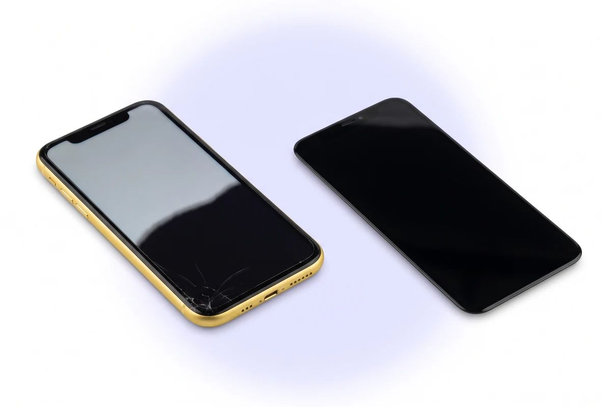 Замена экрана с гарантией 1 год iPhone XR: желтый телефон с наполовину темным дисплеем и новый модуль рядом