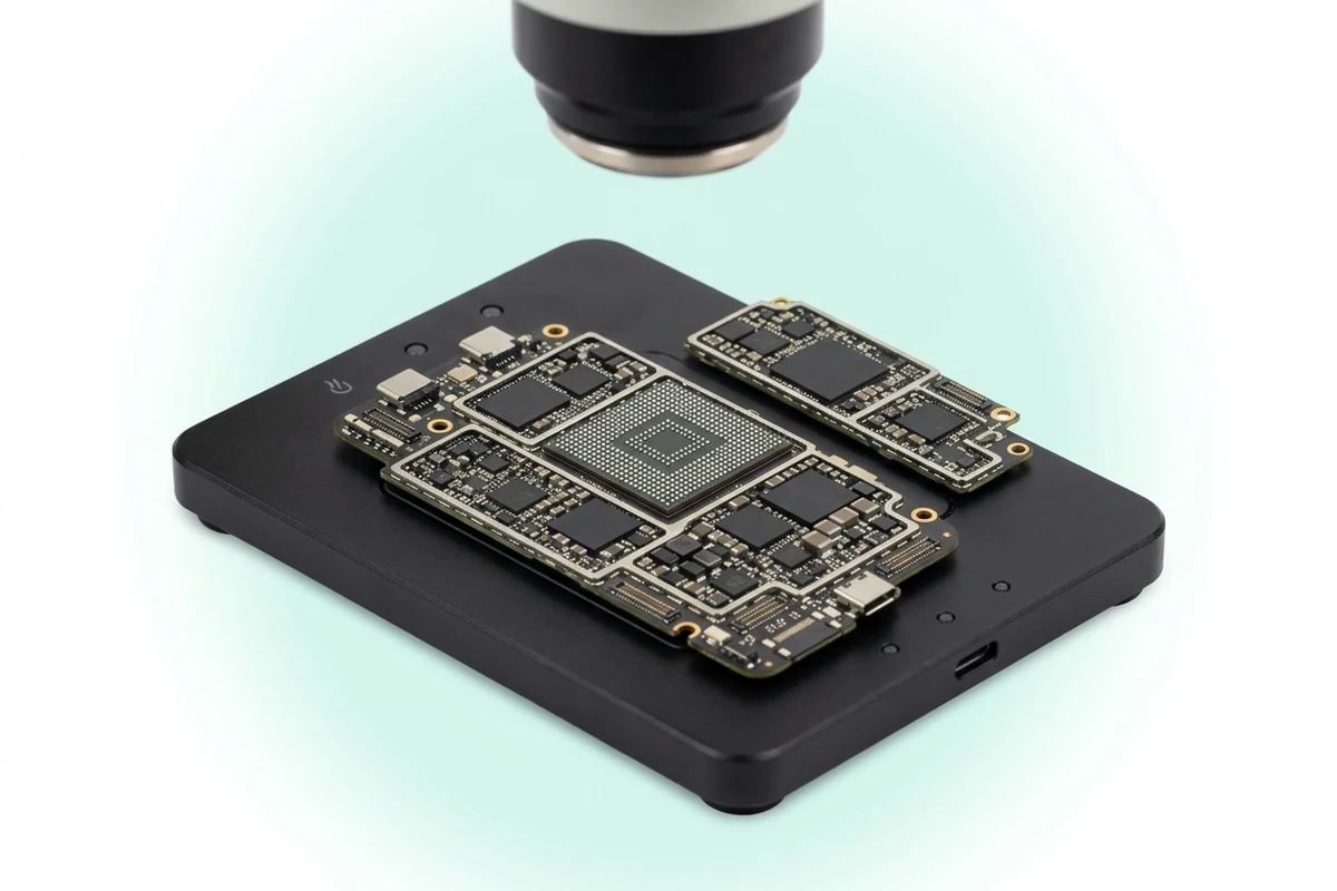 Плата iPhone 16 Pro Max на термоплатформе под микроскопом во время восстановления чипа модема