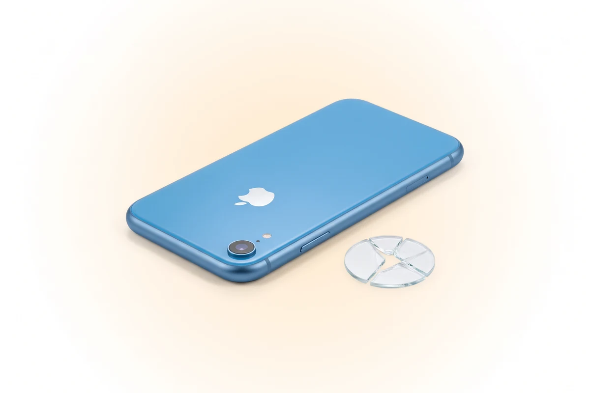 Синий iPhone XR с новым стеклом над объективом и расколотое старое стекло камеры рядом