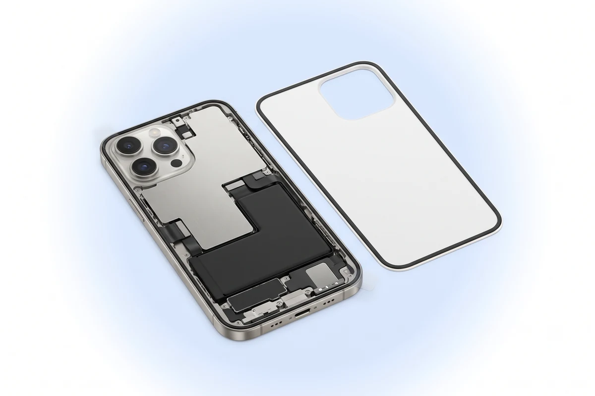 Восстановление герметичности iPhone 16 Pro Max: новая влагозащитная проклейка на раме со снятым задним стеклом