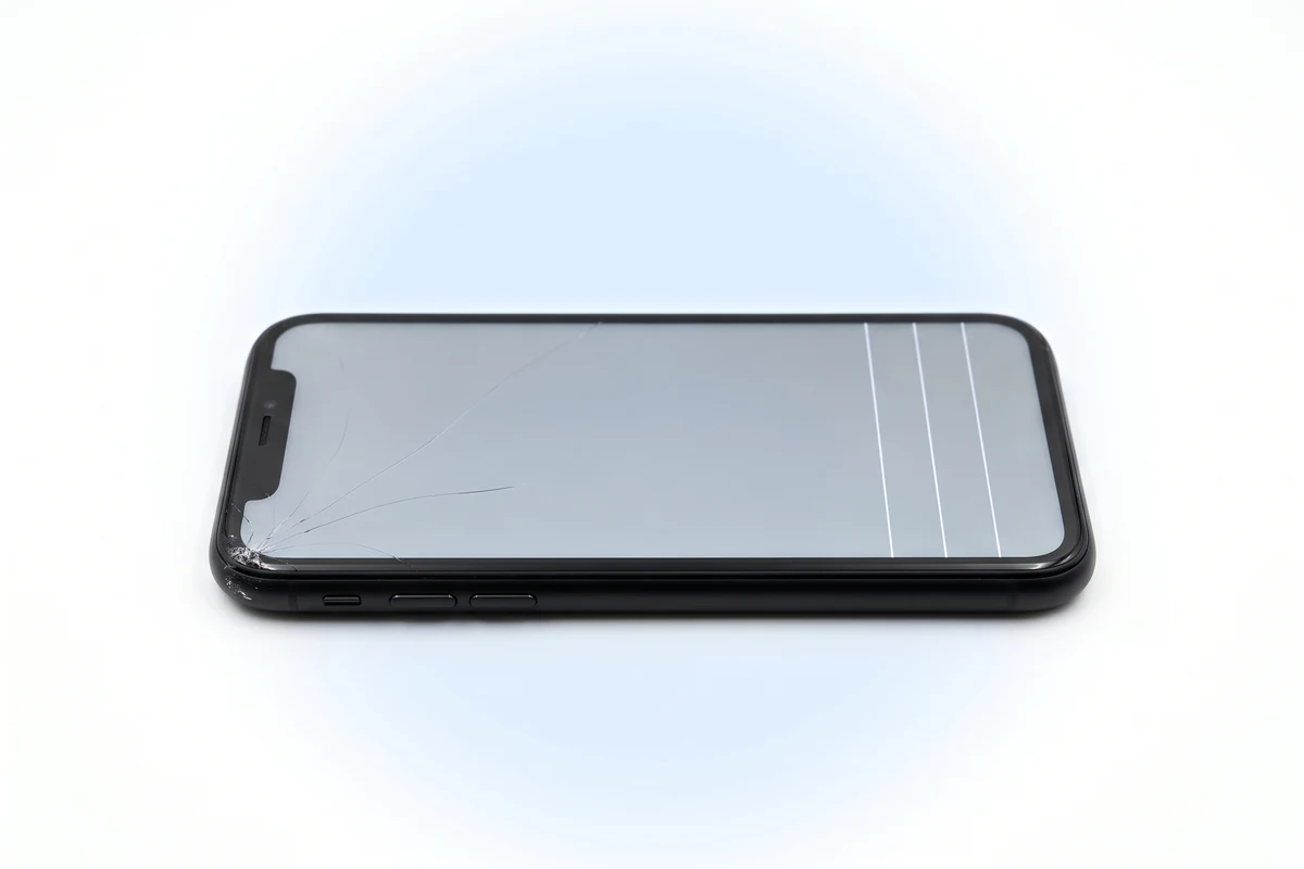 Три светлые вертикальные полосы на LCD-матрице черного iPhone XR после удара в угол рамы