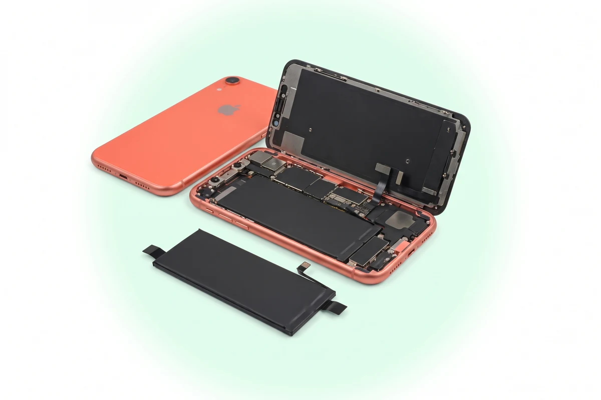 Замена аккумулятора iPhone XR: вскрытый коралловый телефон и новая прямоугольная батарея рядом