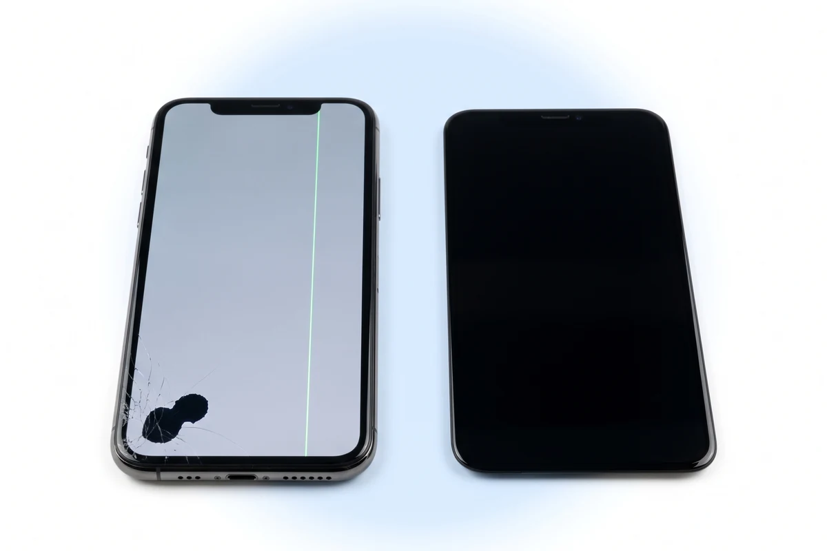 Замена экрана iPhone X: телефон с зеленой линией и черным пятном на матрице и новый дисплейный модуль рядом