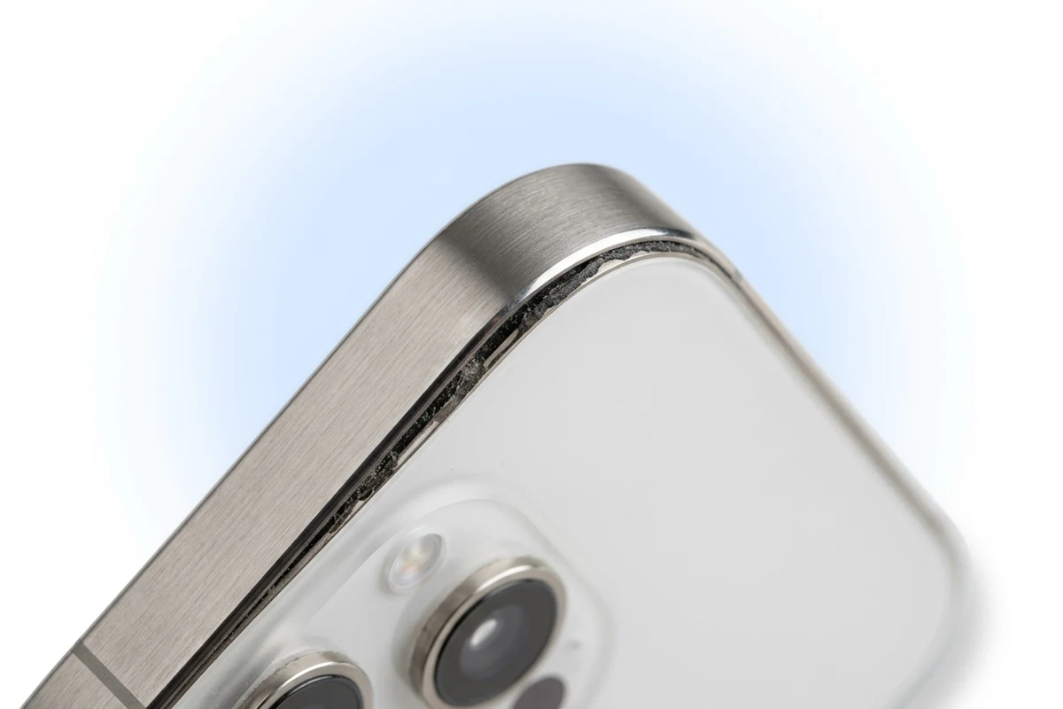 Щель между титановой рамой и задним стеклом iPhone 16 Pro Max с остатками старой сухой проклейки