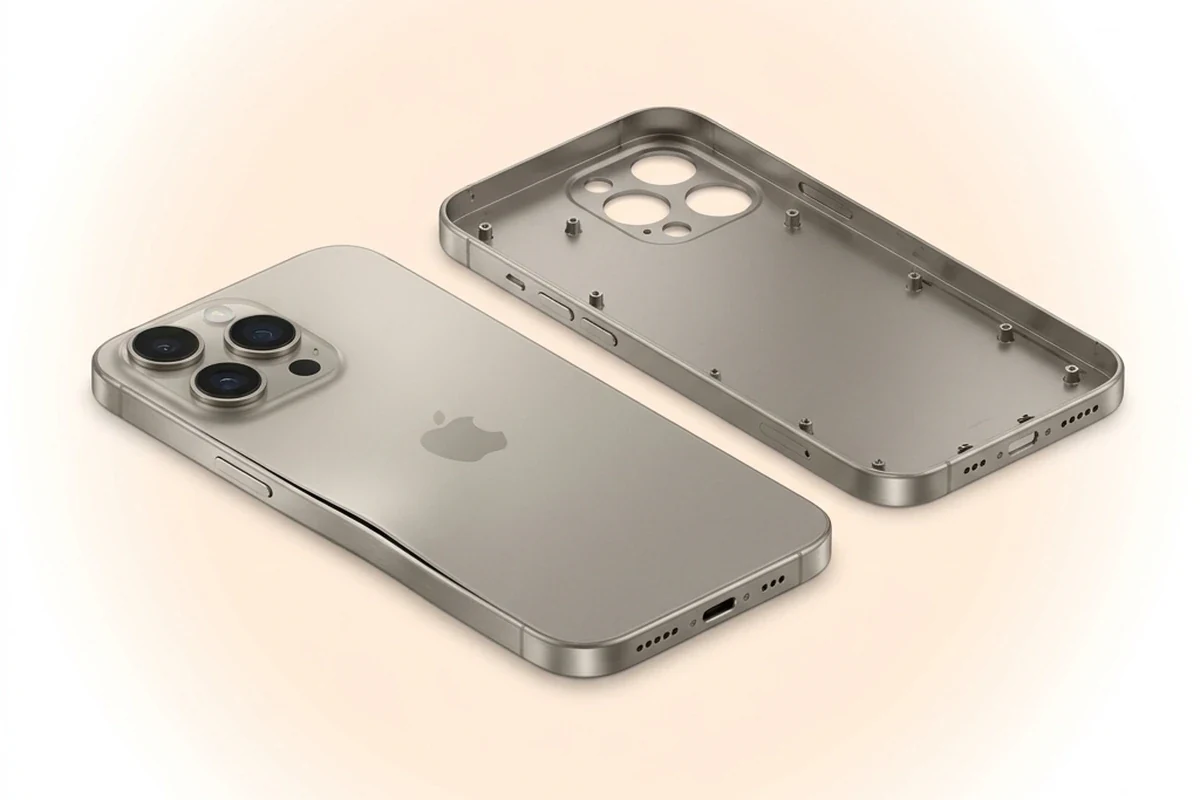 Замена корпуса iPhone 16 Pro Max: телефон рядом с новым пустым титановым корпусом