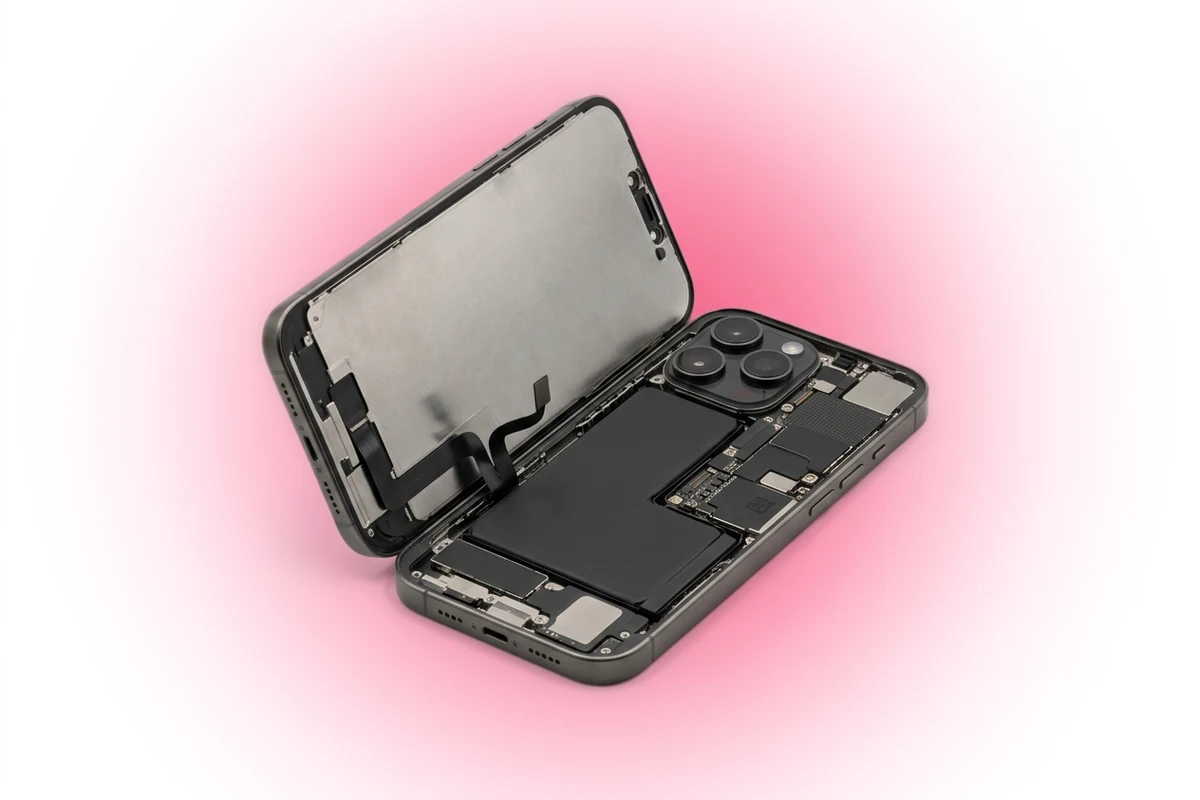 Вскрытый с фронта iPhone 16 Pro Max с поднятым дисплеем перед установкой нового модуля