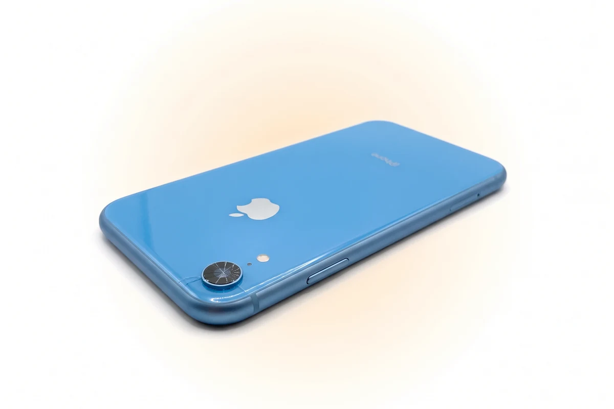 Замена стекла камеры iPhone XR: трещины на стекле над единственным объективом синего телефона