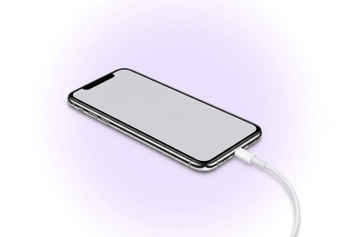 iPhone X у кольорі Silver на живленні з білим кабелем Lightning, вставленим знизу