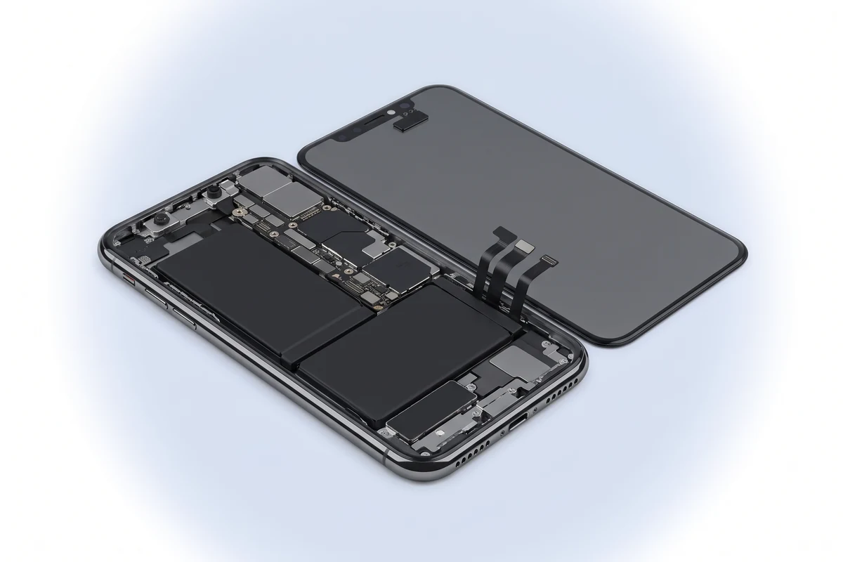 Восстановление датчика приближения iPhone X: вскрытый телефон и блок датчиков на обратной стороне дисплея