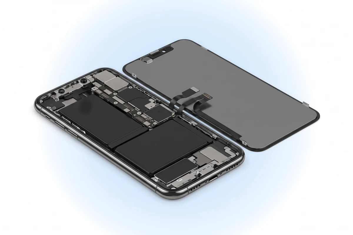 Вскрытый iPhone X: дисплей откинут в сторону на трех шлейфах, в корпусе L-образный аккумулятор