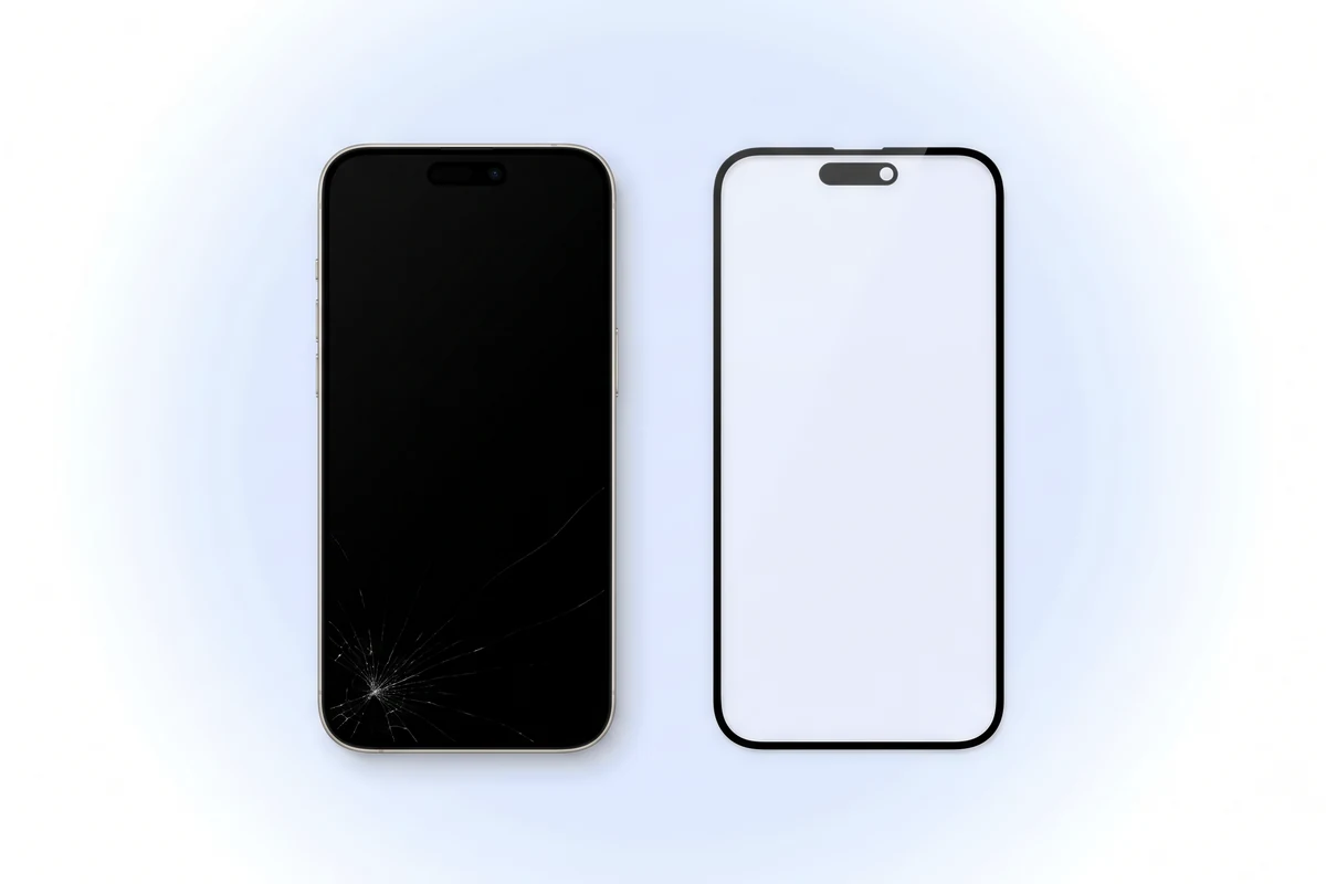 Замена стекла экрана iPhone 16 Pro Max: телефон с треснувшим углом стекла и новое переднее стекло рядом
