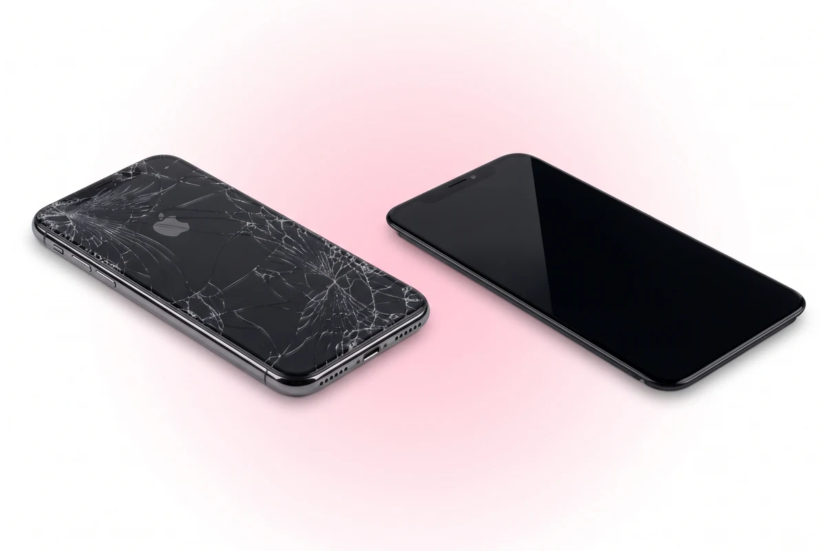Швидкий ремонт екрана iPhone X: телефон із розбитим темним екраном і новий дисплейний модуль поруч