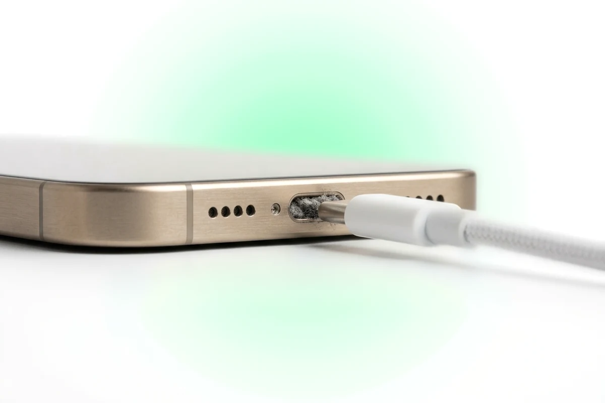 Штекер USB-C не входит до конца в разъем iPhone 16 Pro Max из-за пробки из ворса