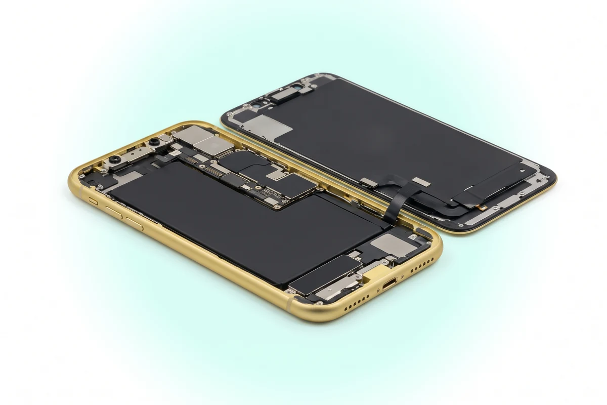 Вскрытый желтый iPhone XR с однослойной платой, на которой стоит модуль Wi-Fi и Bluetooth