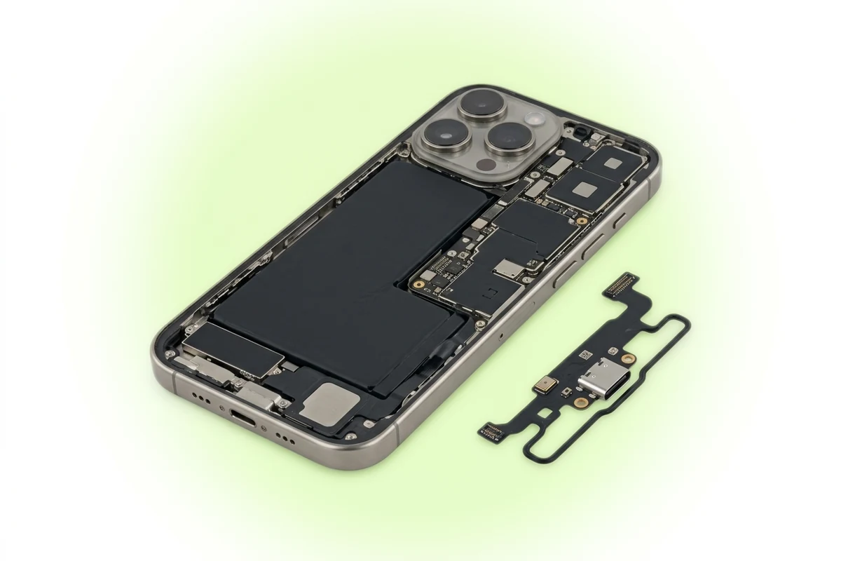 Ремонт разъема зарядки iPhone 16 Pro Max: вскрытый телефон и новый шлейф с портом USB-C рядом